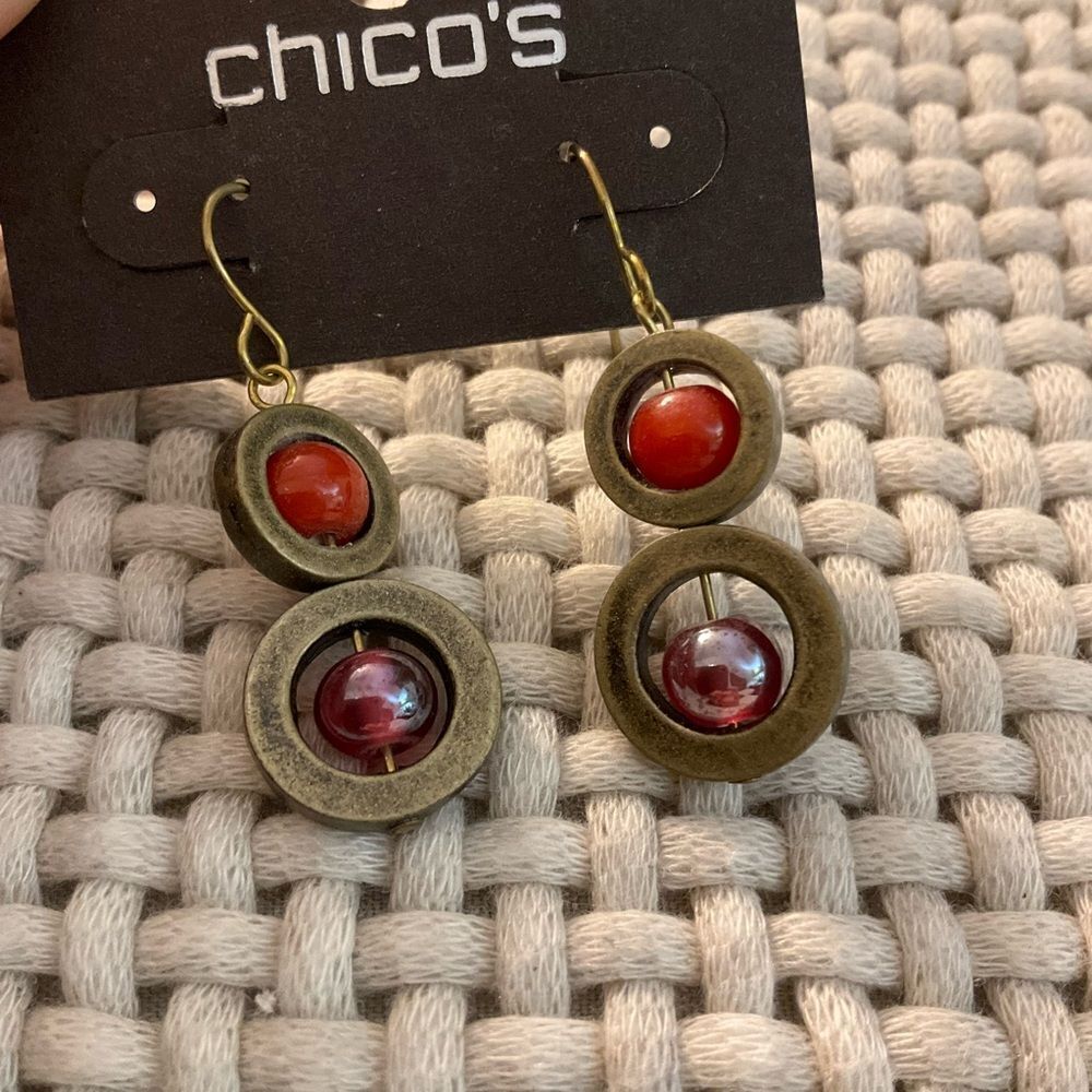 0097-Chico's‎ Red and Gold Dangle Earrings